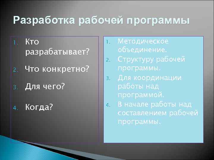 Разработка рабочей программы 1. 2. Кто разрабатывает? Что конкретно? 3. Для чего? 4. Когда?