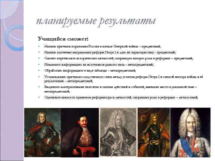 планируемые результаты Учащийся сможет: Назвать причины поражения России в начале Северной войны – предметный;