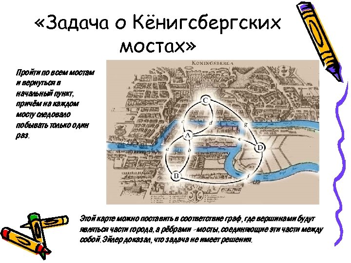  «Задача о Кёнигсбергских мостах» Пройти по всем мостам и вернуться в начальный пункт,