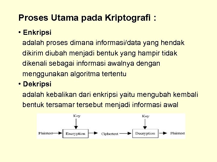Proses Utama pada Kriptografi : • Enkripsi adalah proses dimana informasi/data yang hendak dikirim