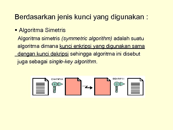 Berdasarkan jenis kunci yang digunakan : § Algoritma Simetris Algoritma simetris (symmetric algorithm) adalah