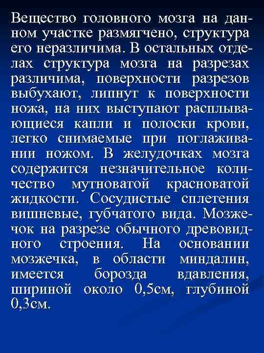 Вещество головного мозга на данном участке размягчено, структура его неразличима. В остальных отделах структура