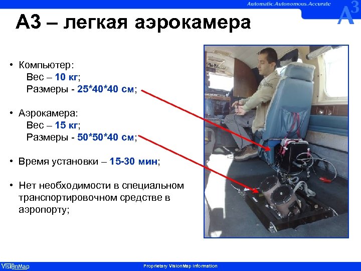 A 3 – легкая аэрокамера • Компьютер: Вес – 10 кг; Размеры - 25*40*40