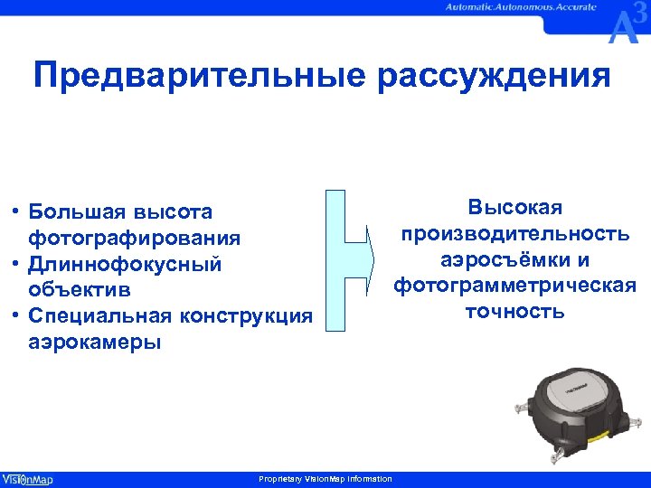Предварительные рассуждения • Большая высота фотографирования • Длиннофокусный объектив • Специальная конструкция аэрокамеры Proprietary