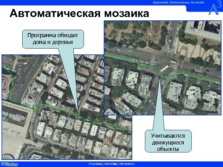 Автоматическая мозаика Программа обходит дома и деревья Учитываются движущиеся объекты Proprietary Vision. Map Information