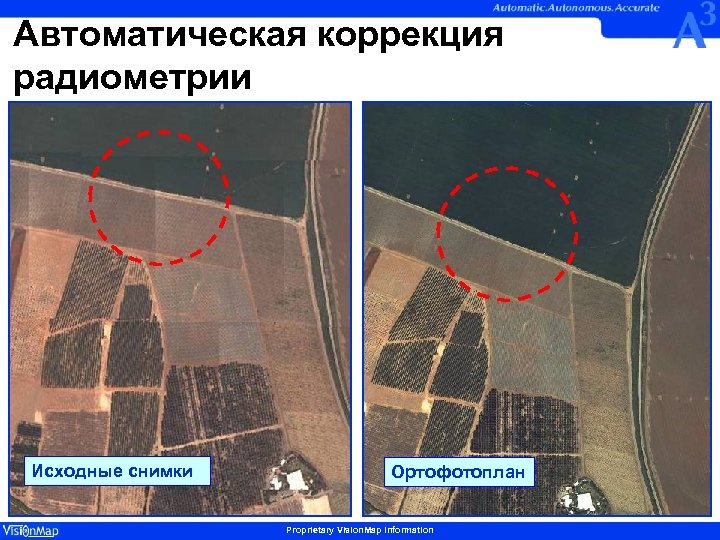 Автоматическая коррекция радиометрии Исходные снимки Ортофотоплан Proprietary Vision. Map Information 