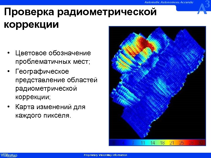 Проверка радиометрической коррекции • Цветовое обозначение проблематичных мест; • Географическое представление областей радиометрической коррекции;