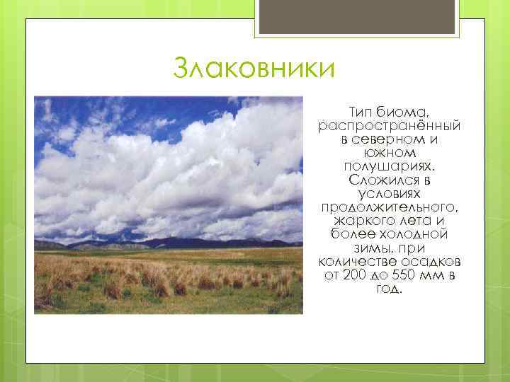 Злаковники Тип биома, распространённый в северном и южном полушариях. Сложился в условиях продолжительного, жаркого