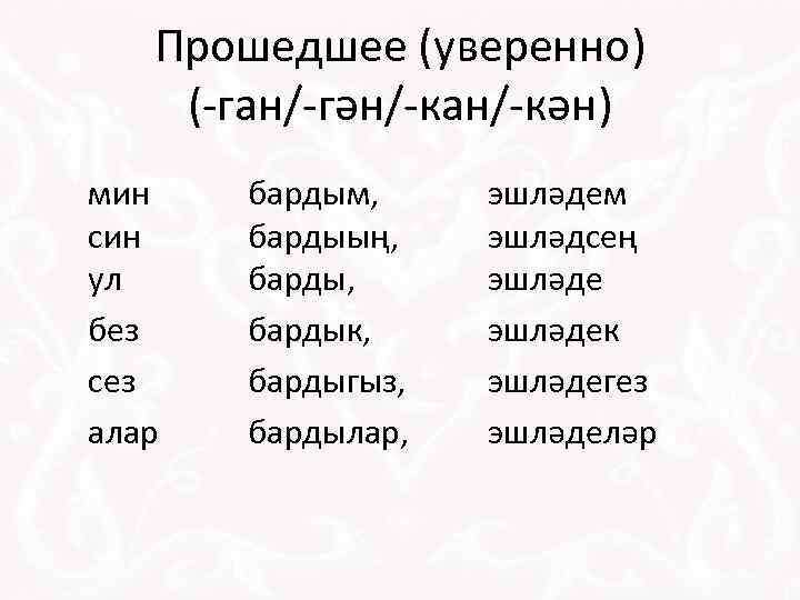 Прошедшее (уверенно) (-ган/-гән/-кан/-кән) мин син ул без сез алар бардым, бардыың, бардык, бардыгыз, бардылар,