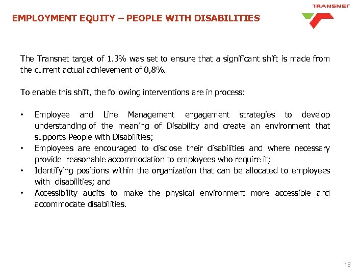 EMPLOYMENT EQUITY – PEOPLE WITH DISABILITIES The Transnet target of 1. 3% was set
