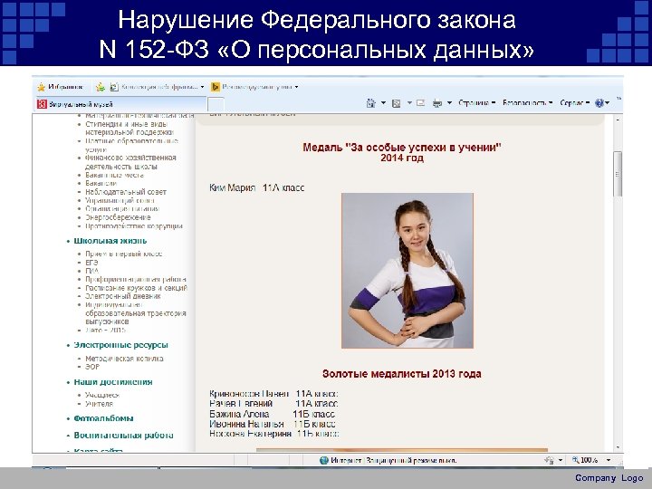 Нарушение Федерального закона N 152 -ФЗ «О персональных данных» Company Logo 