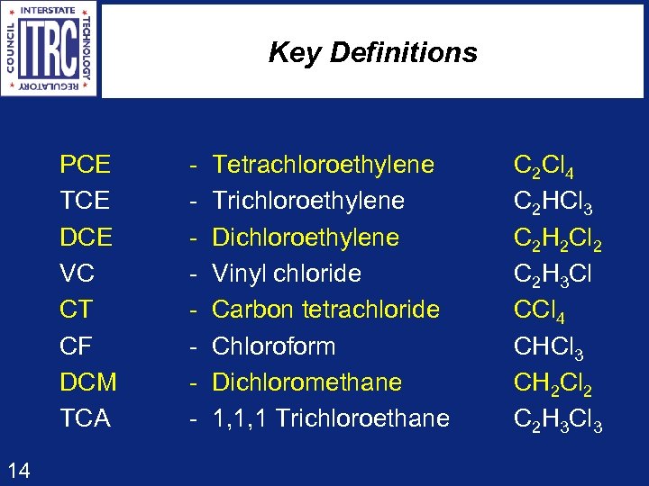 Key Definitions PCE TCE DCE VC CT CF DCM TCA 14 - Tetrachloroethylene -