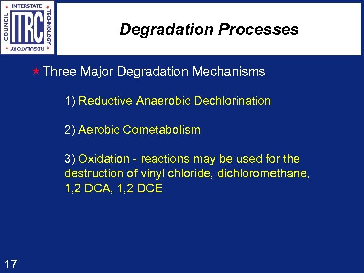 Degradation Processes éThree Major Degradation Mechanisms 1) Reductive Anaerobic Dechlorination 2) Aerobic Cometabolism 3)