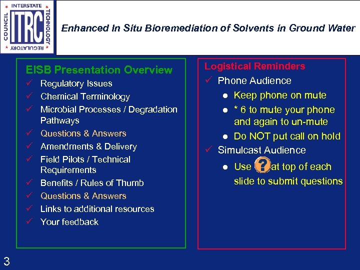 Enhanced In Situ Bioremediation of Solvents in Ground Water EISB Presentation Overview ü Regulatory