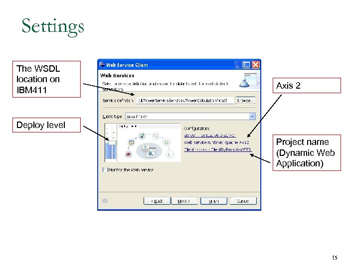 Settings The WSDL location on IBM 411 Axis 2 Deploy level Project name (Dynamic