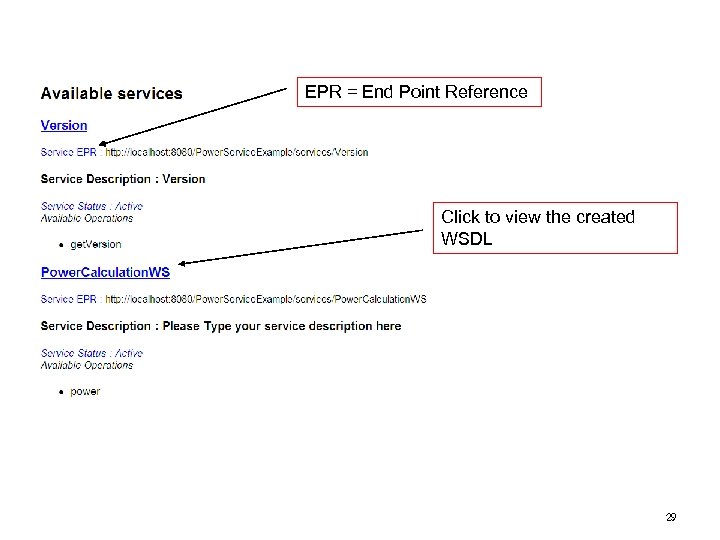EPR = End Point Reference Click to view the created WSDL 29 