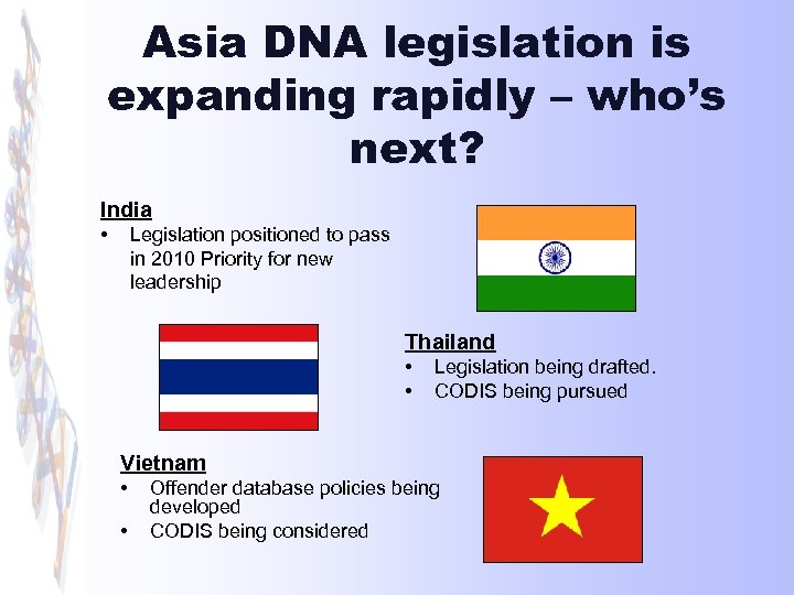 Asia DNA legislation is expanding rapidly – who’s next? India • Legislation positioned to