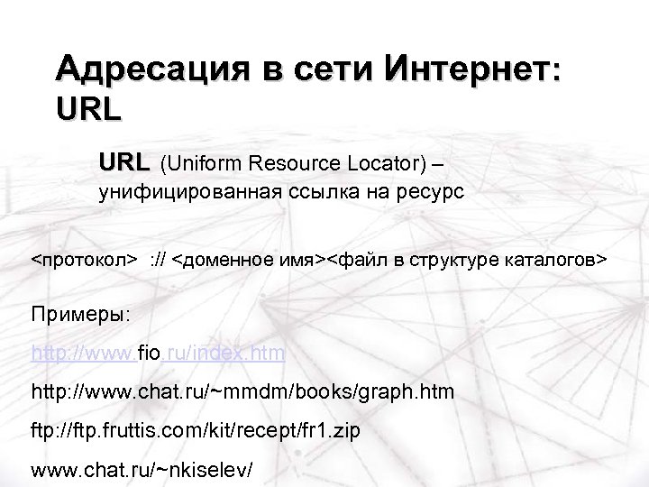 Адресация в сети Интернет: URL (Uniform Resource Locator) – унифицированная ссылка на ресурс <протокол>