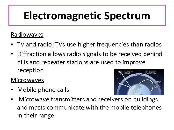 Electromagnetic Spectrum Radiowaves • TV and radio; TVs use higher frequencies than radios •