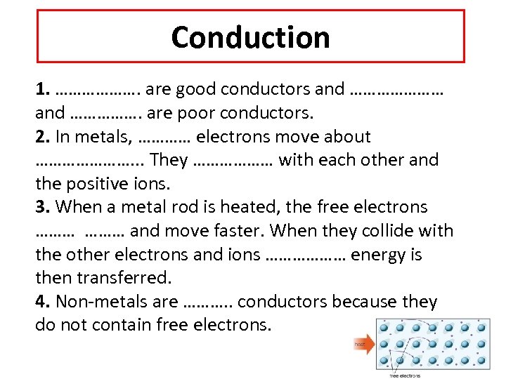 Conduction 1. ………………. are good conductors and ………………… and ……………. are poor conductors. 2.