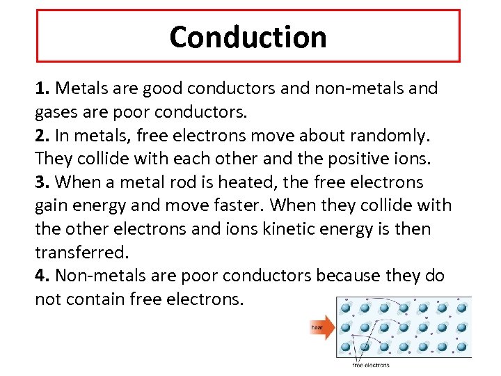 Conduction 1. Metals are good conductors and non-metals and gases are poor conductors. 2.