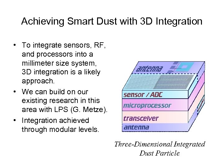 Achieving Smart Dust with 3 D Integration • To integrate sensors, RF, and processors