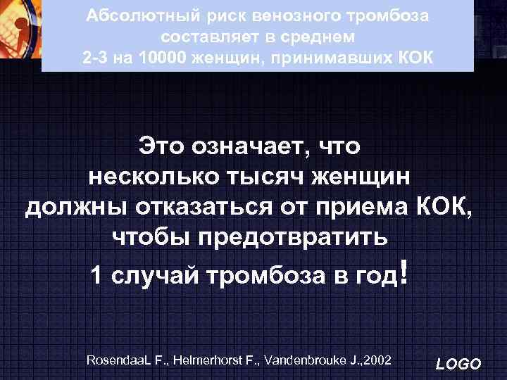 Абсолютный риск венозного тромбоза составляет в среднем 2 -3 на 10000 женщин, принимавших КОК