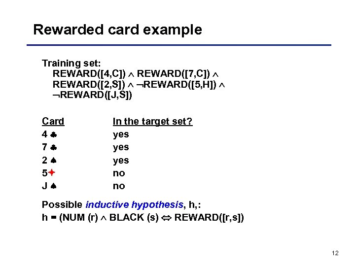 Rewarded card example Training set: REWARD([4, C]) REWARD([7, C]) REWARD([2, S]) REWARD([5, H]) REWARD([J,