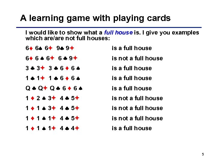 A learning game with playing cards I would like to show what a full