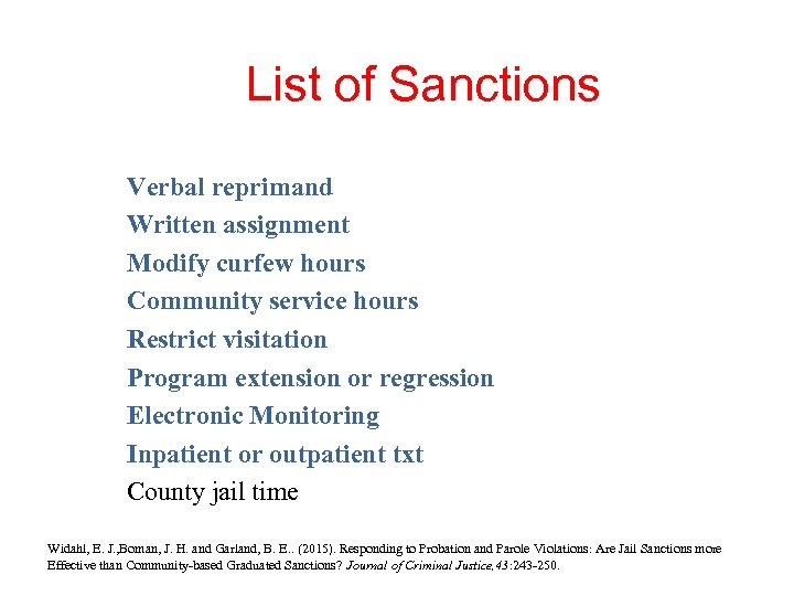 List of Sanctions Verbal reprimand Written assignment Modify curfew hours Community service hours Restrict