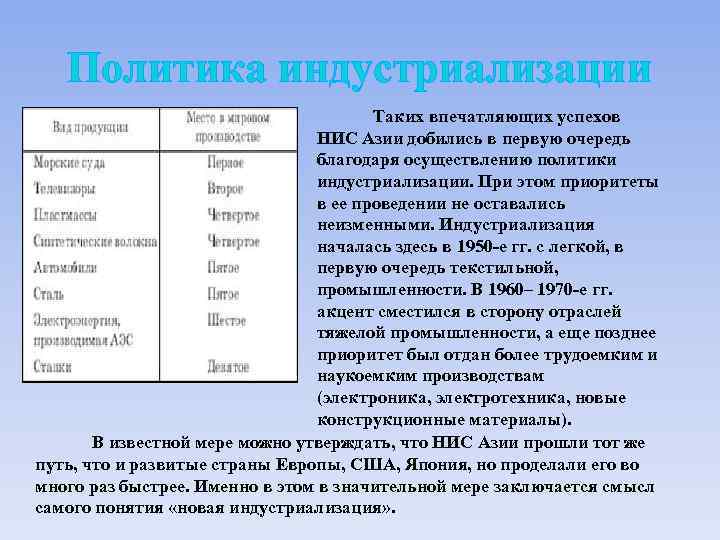 Политика индустриализации Таких впечатляющих успехов НИС Азии добились в первую очередь благодаря осуществлению политики