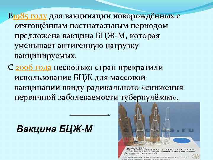 В 1985 году для вакцинации новорождённых с отягощённым постнатальным периодом предложена вакцина БЦЖ-М, которая