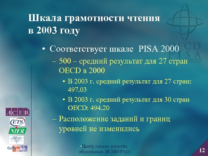 Шкала грамотности чтения в 2003 году • Соответствует шкале PISA 2000 – 500 –