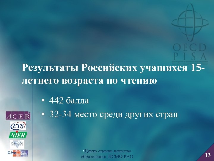 Результаты Российских учащихся 15 летнего возраста по чтению • 442 балла • 32 -34