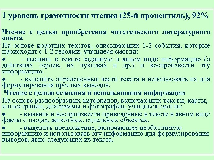1 уровень грамотности чтения (25 -й процентиль), 92% Чтение с целью приобретения читательского литературного