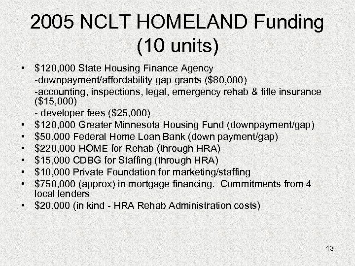 2005 NCLT HOMELAND Funding (10 units) • $120, 000 State Housing Finance Agency -downpayment/affordability
