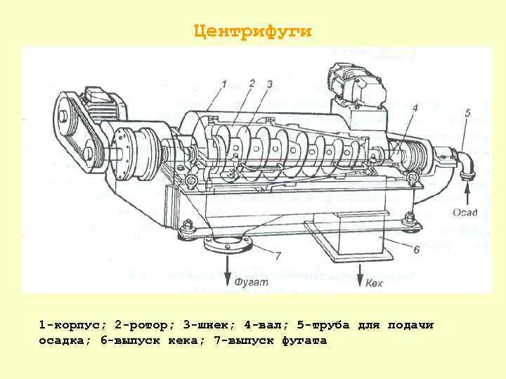 Центрифуги 1 корпус; 2 ротор; 3 шнек; 4 вал; 5 труба для подачи осадка;