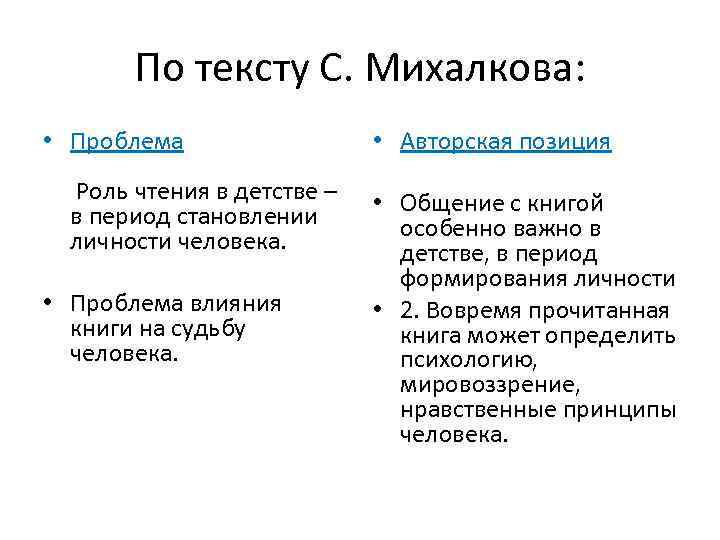 По тексту С. Михалкова: • Проблема Роль чтения в детстве – в период становлении