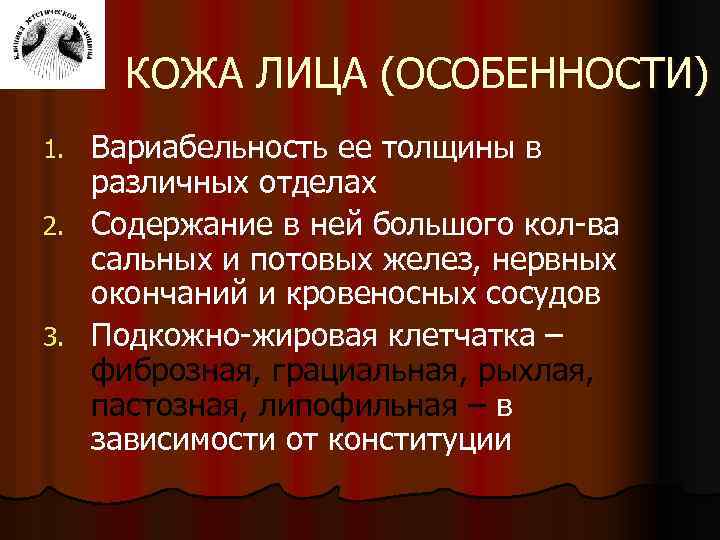 КОЖА ЛИЦА (ОСОБЕННОСТИ) Вариабельность ее толщины в различных отделах 2. Содержание в ней большого