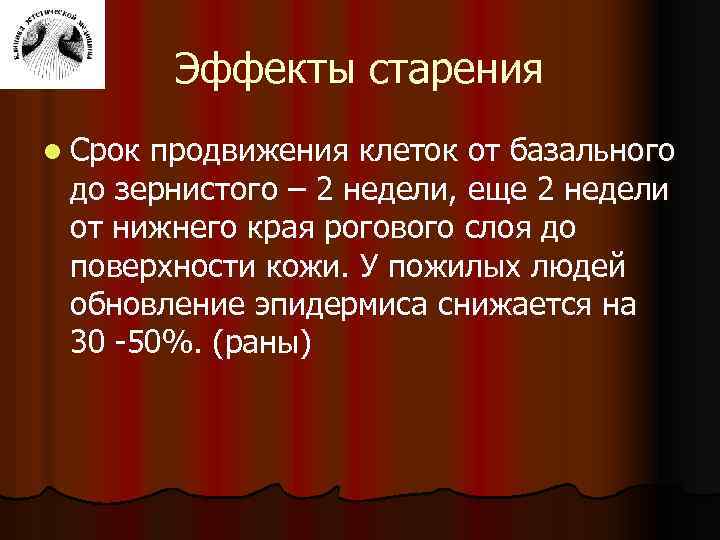 Эффекты старения l Срок продвижения клеток от базального до зернистого – 2 недели, еще