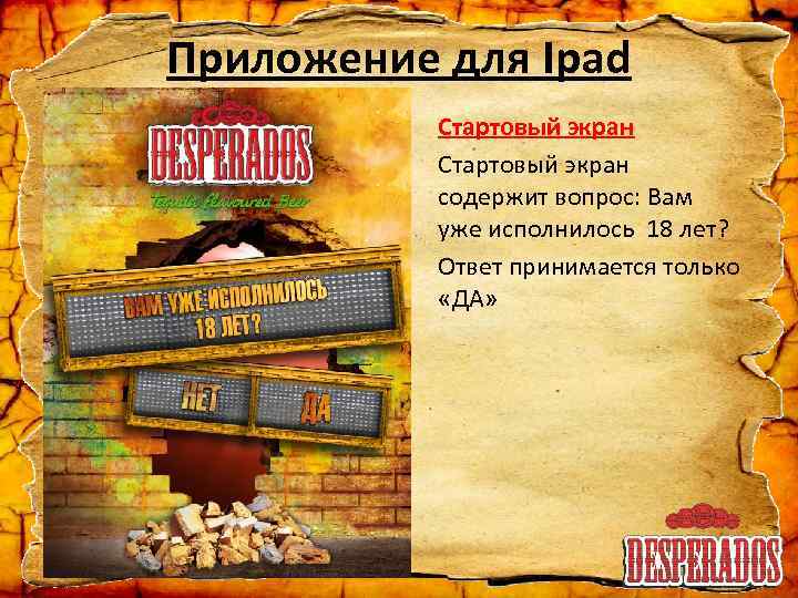 Приложение для Ipad Стартовый экран содержит вопрос: Вам уже исполнилось 18 лет? Ответ принимается