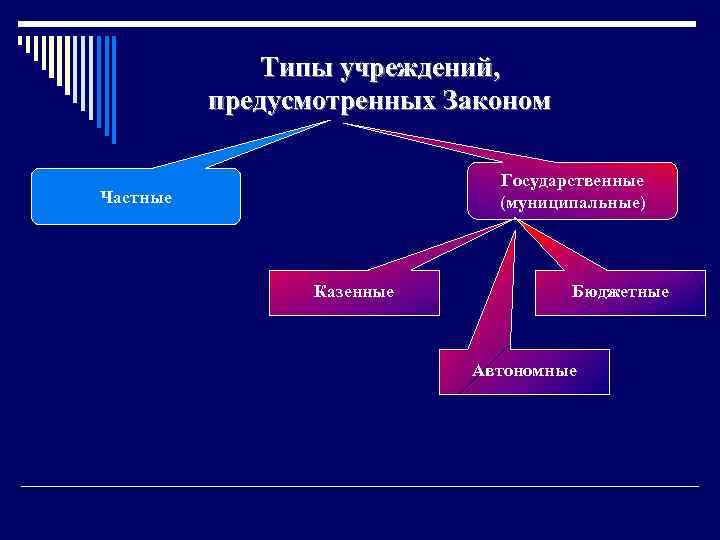 Типы учреждений, предусмотренных Законом Государственные (муниципальные) Частные Казенные Бюджетные Автономные 