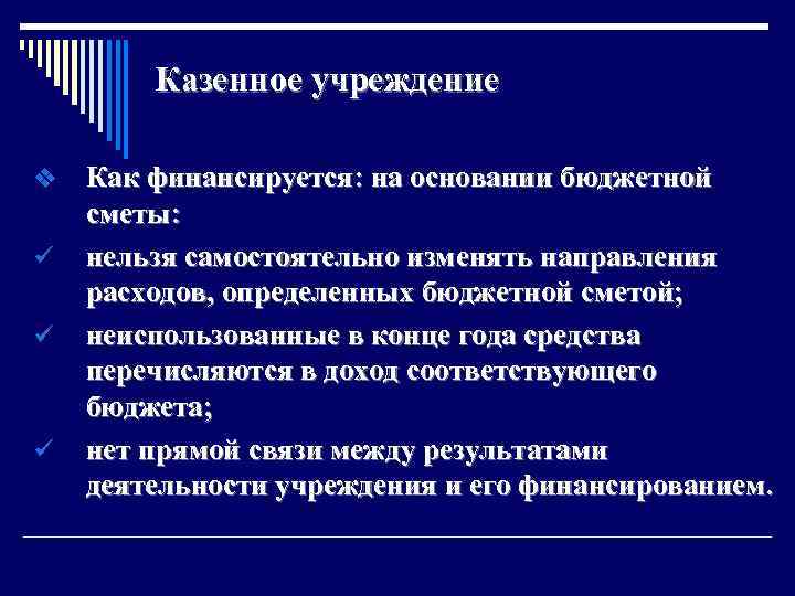 Казенное учреждение v ü ü ü Как финансируется: на основании бюджетной сметы: нельзя самостоятельно