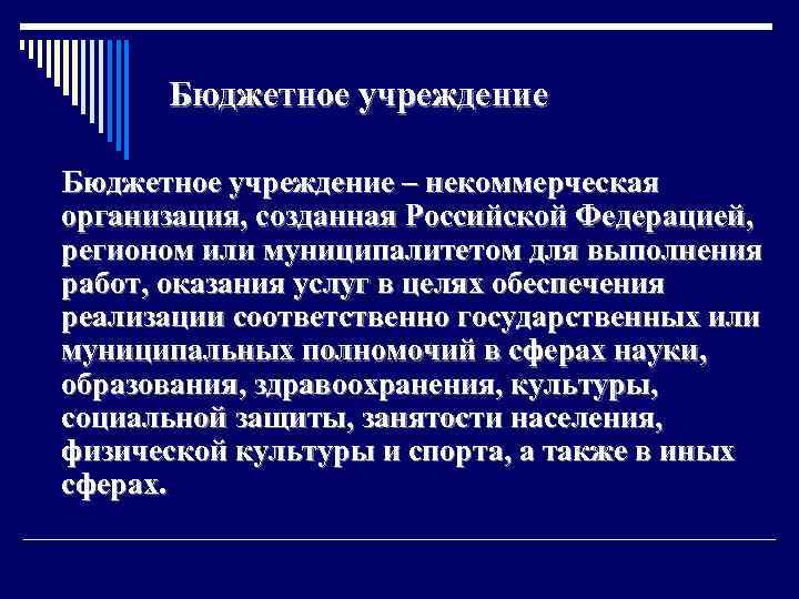 Бюджетное учреждение – некоммерческая организация, созданная Российской Федерацией, регионом или муниципалитетом для выполнения работ,