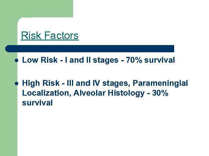 Risk Factors l Low Risk - I and II stages - 70% survival l