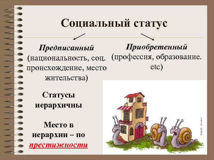 Социальный статус Приобретенный Предписанный (национальность, соц. (профессия, образование. etc) происхождение, место жительства) Статусы иерархичны