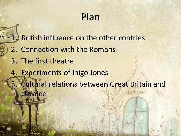 Plan 1. 2. 3. 4. 5. British influence on the other contries Connection with