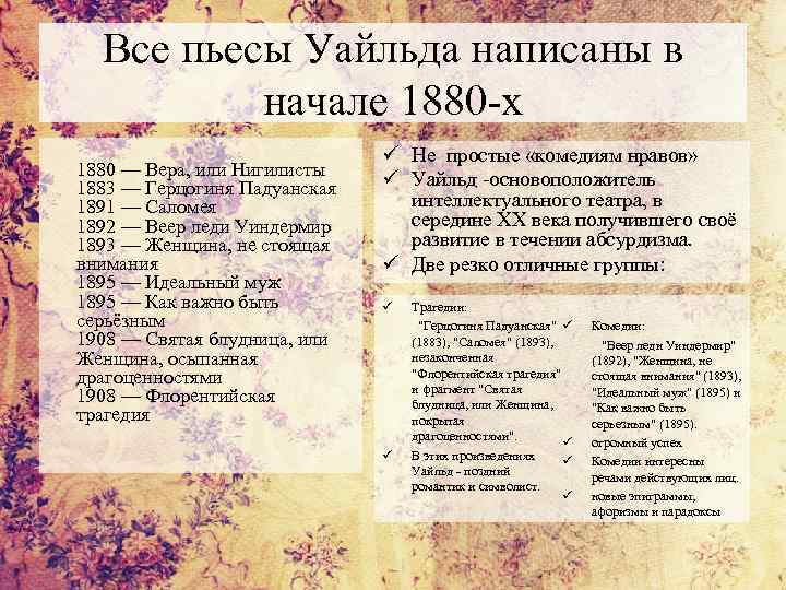 Все пьесы Уайльда написаны в начале 1880 -х 1880 — Вера, или Нигилисты 1883