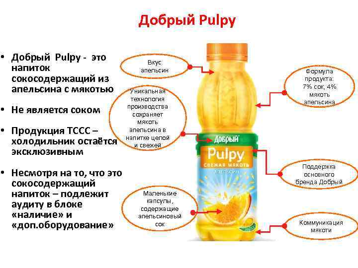 Добрый Pulpy • Добрый Pulpy - это напиток сокосодержащий из апельсина с мякотью •