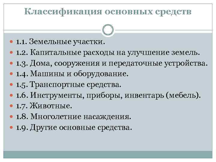 Классификация основных средств 1. 1. Земельные участки. 1. 2. Капитальные расходы на улучшение земель.